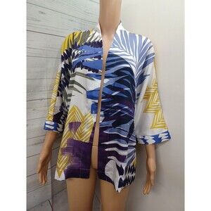 Chicos Womens Open Cardigan Sz XS/XXS Palms Tropical White Blue